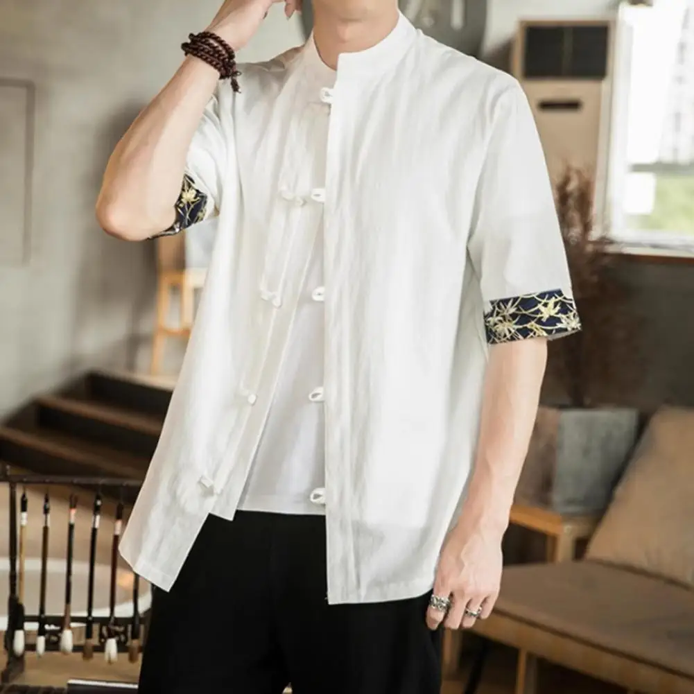 Plus Size Chinese Shirt Vintage Chinese Style Men's Shirt with Knot Buttons Stand Collar Printed Cuffs Plus Size Cardigan Top