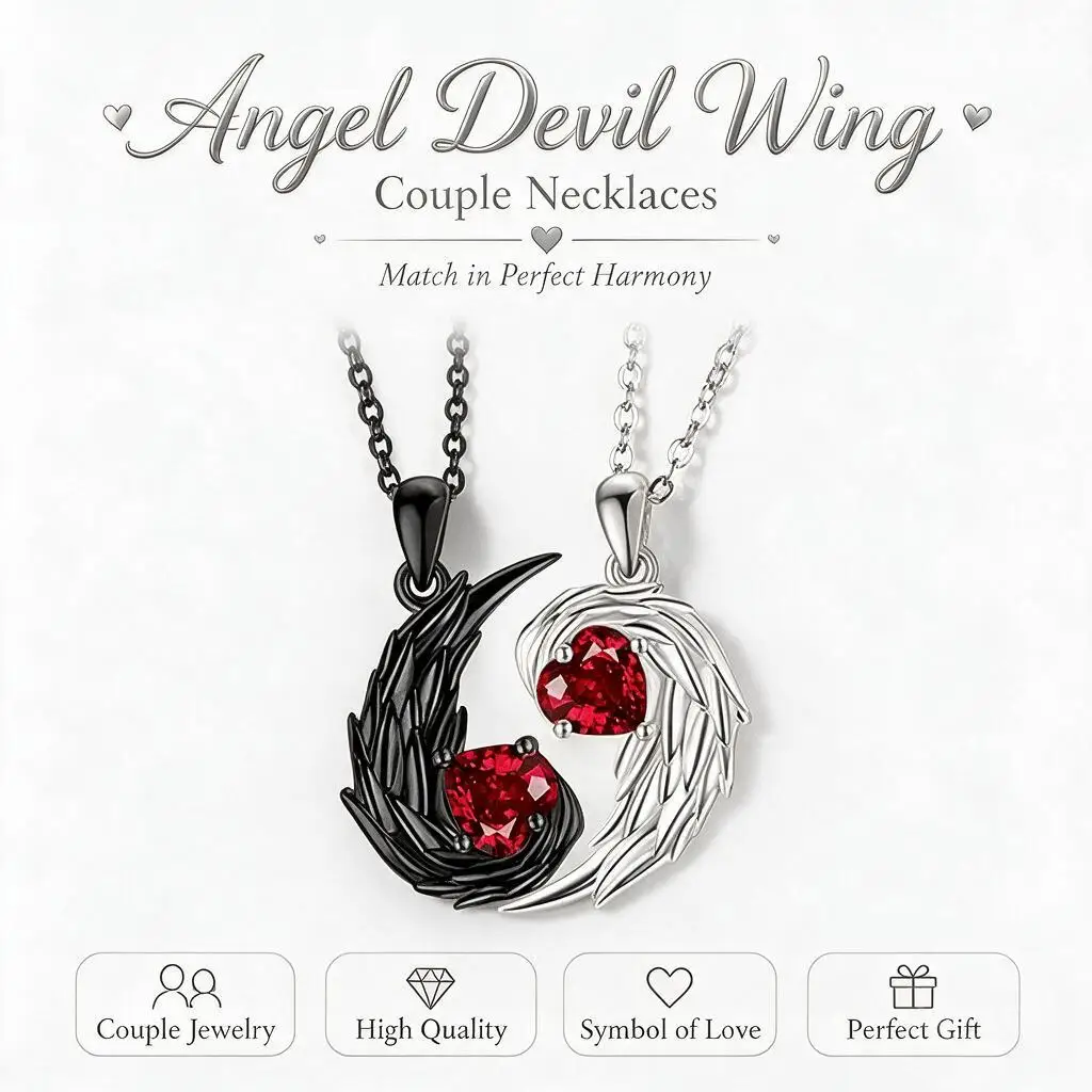 Couple Matching Two Tone Pendant Necklace Angel Devil Wings Interlocking Heart Inlaid Red Stone His Hers Romantic Valentines Day