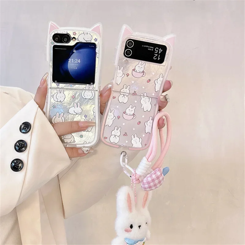 Funda de teléfono con cordón de conejo de felpa para Samsung Galaxy Z Flip 6 5 4 3, funda trasera protectora para ZFlip4 ZFlip5 ZFlip6
