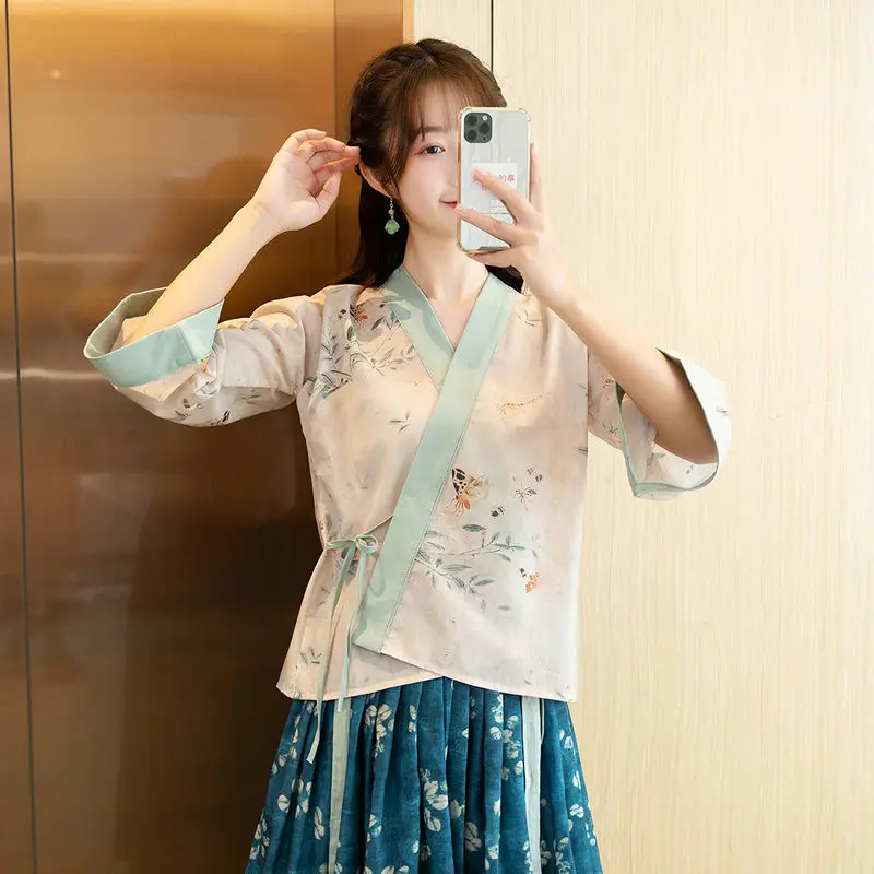 Retro Women's Skirt Suit Chinese Elements Hanfu Clothing Modified Cotton Linen Spring And Summer Shirt Skirt Two Piece Set Z253