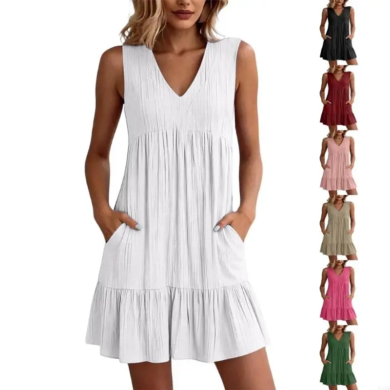 

Dresses for Women V Neck Dress with Pockets Sleeveless Flowy Ruffle Short Dresses Beach 6XDA