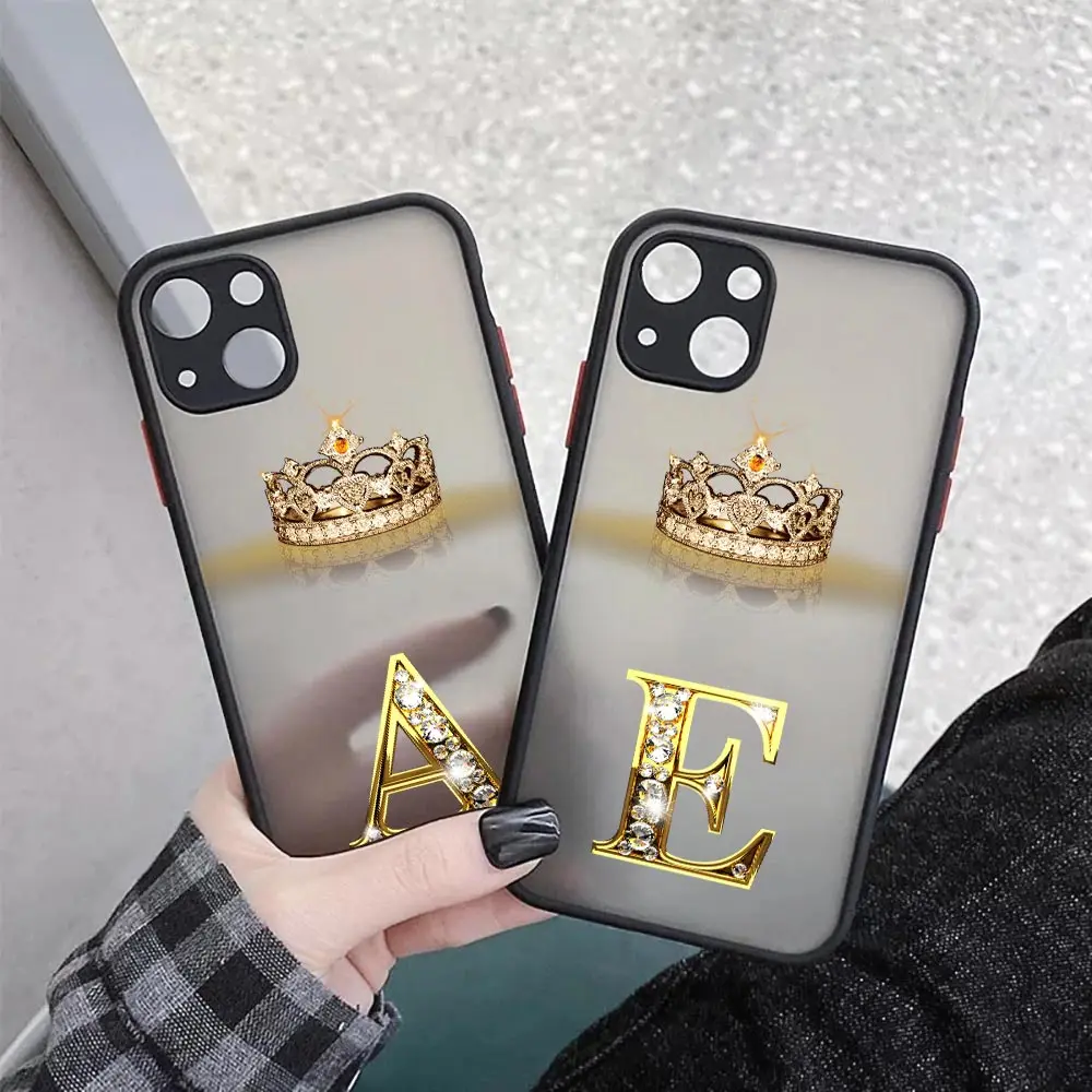 Diamond Crown Initial Letter A E K M Coque iPhone14 Case For iPhone 11 13 14 12 Pro Max Mini XS XR SE 7 8 Plus Clear Matte Cover