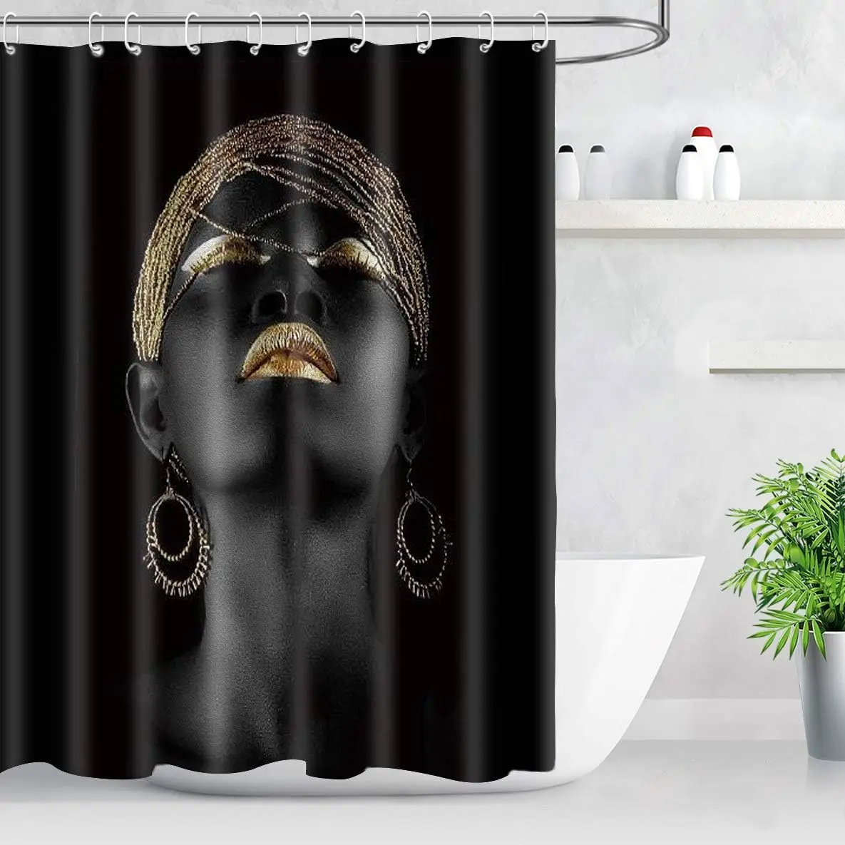 

African American Woman Shower Curtain, Afro Girl Girl Gold Black Art Fabric Shower Curtain with 10 Hooks, Washable Upgrade Bath