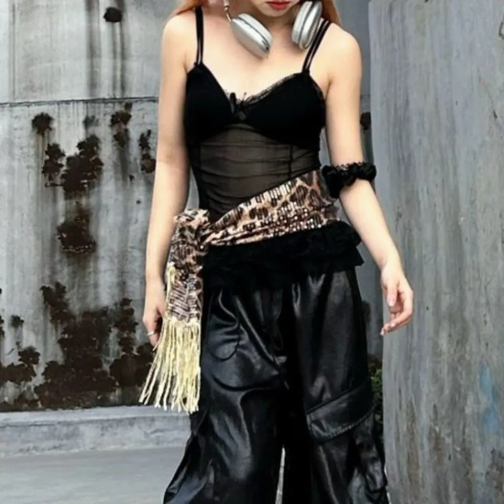 Sequin Jazz Dance Hip Scarf Hip-hop Shirt Extender Tassels Leopard Print Belt Y2K Long Cargo Pants Waist Band