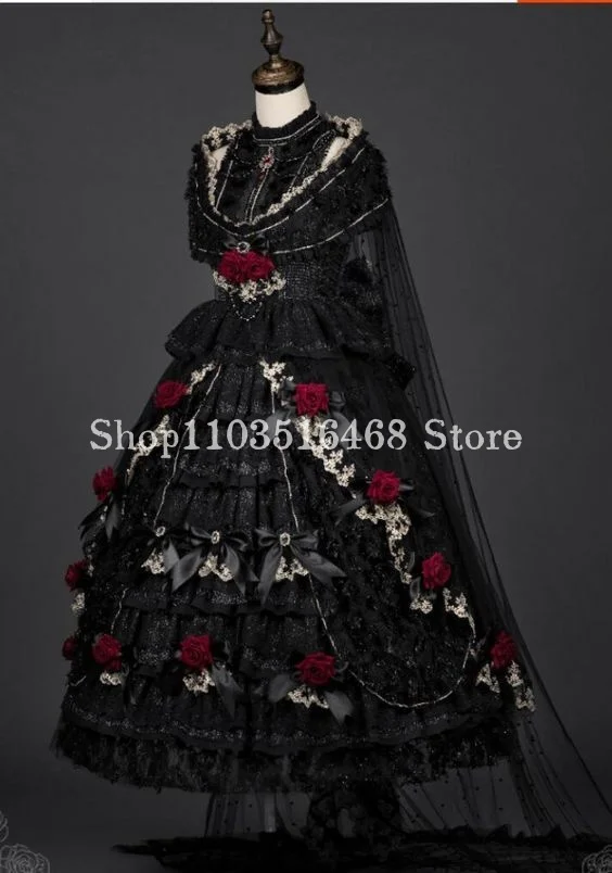 Vintage Victorian Prom Dress Black Gothic Fantasy Lolita Pleated Floral Embroidered A-line Poncho Lace Applique Formal Occasion