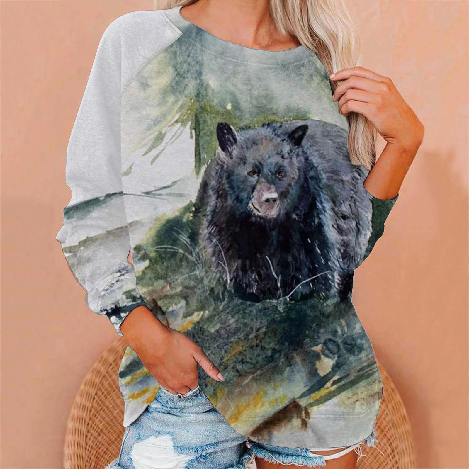 패션 동물 늑대 3D 프린트 스웨트셔츠 여성 래글런 긴 소매 후디 캐주얼 풀오버 하라주쿠 Y2K 탑 여성 의류