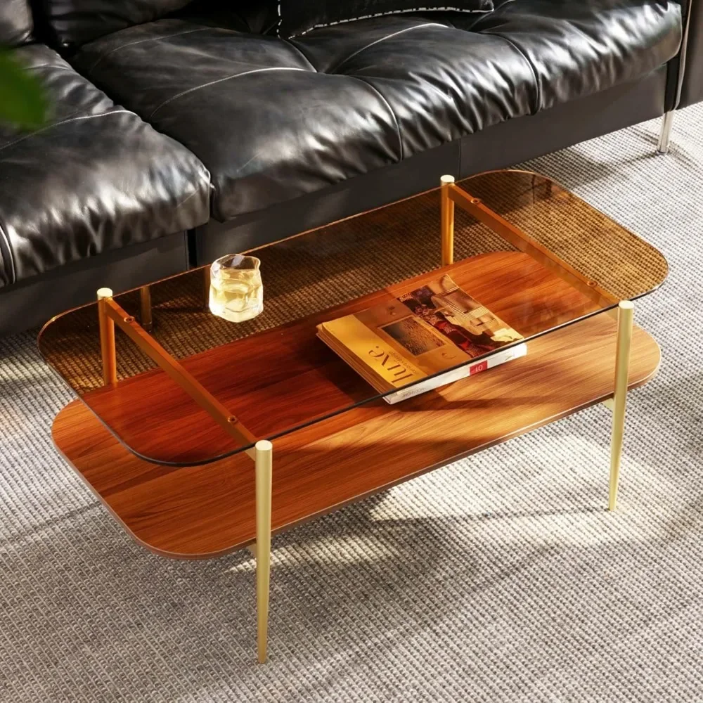 

Glass Coffee Table, 2-Layer R-Corner Table for Living Space, L41 x W21 x H17, Gold Frame & Brown Glass & Walnut Finish Wood Top