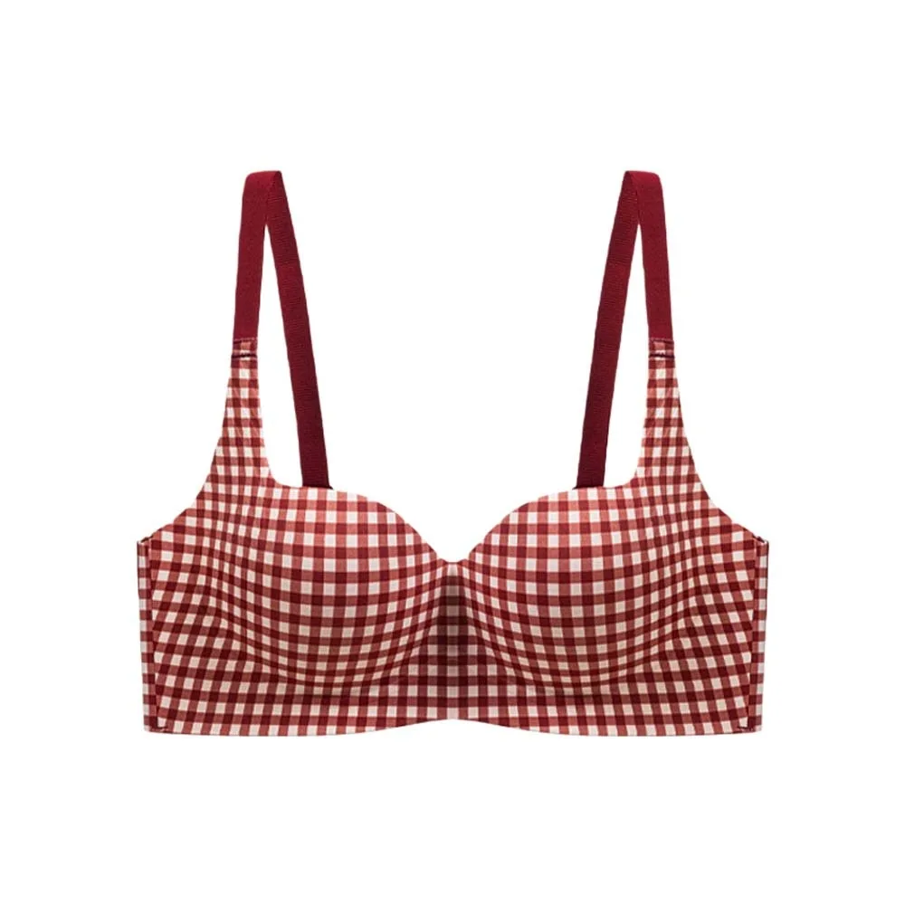 

Traceless Plaid Wireless Bra Deep V Edge Neck Grid Pattern Brassiere for Women Gathered Breasts Lingerie Push Up Underwear