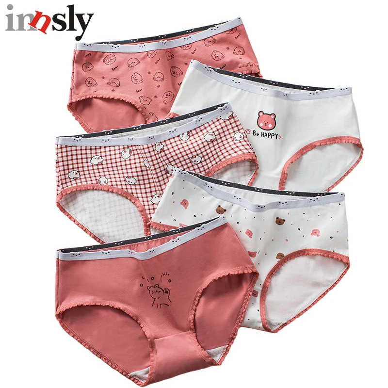 

Innsly Young Women Underwear Cute Cartoon Bear Panties Female Cotton Breathable Mid Waist Red White Ladies Briefs