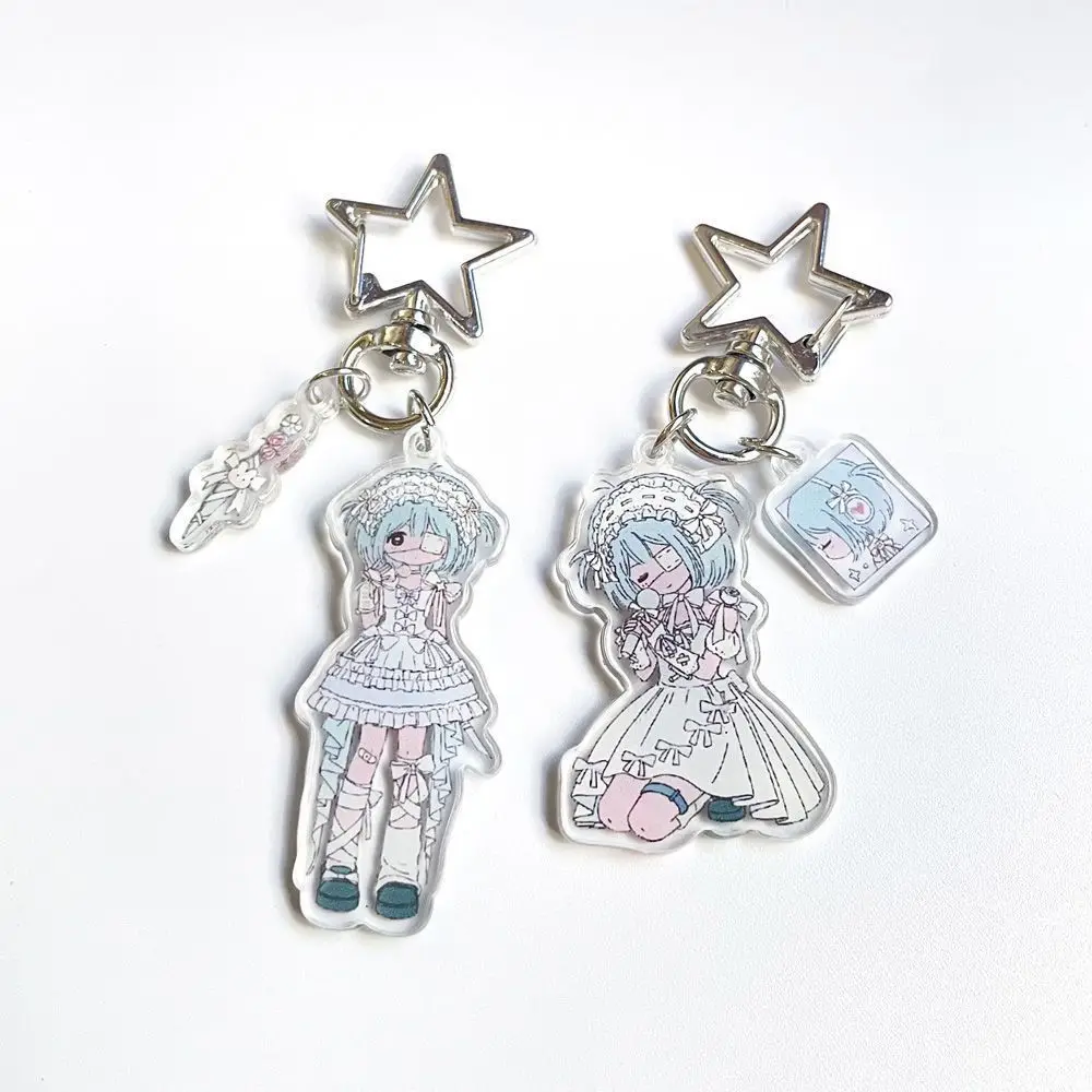 Y2K Kawaii Gothic Lolita Girl Acrylic Keychain Pastel Light Blue Hair Lace Headwear Multi Charms Key Ring For Women Jewelry
