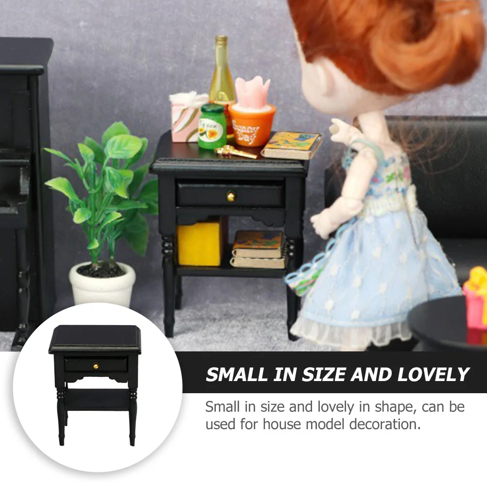 Mini Bedside Table House Ornament Miniature Furniture Wooden Cabinet Craft Model Drawer Decor Black Nightstand