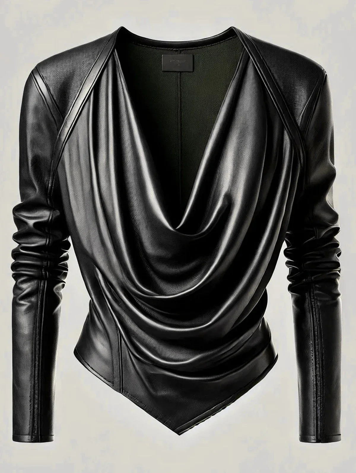 Women Cowl V Neck PU Leather Long Sleeve Blouse Cinched Irregular Hem Black Leather T Shirt Spring Streetwear Clothing