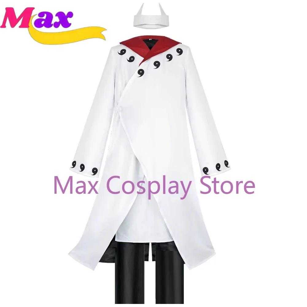 Disfraz de cosplay de Uchiha Madara, personaje de anime, de la marca Max Cos. Traje blanco para hombre, ideal para Halloween. Se ofrece la opción de personalizar la talla.