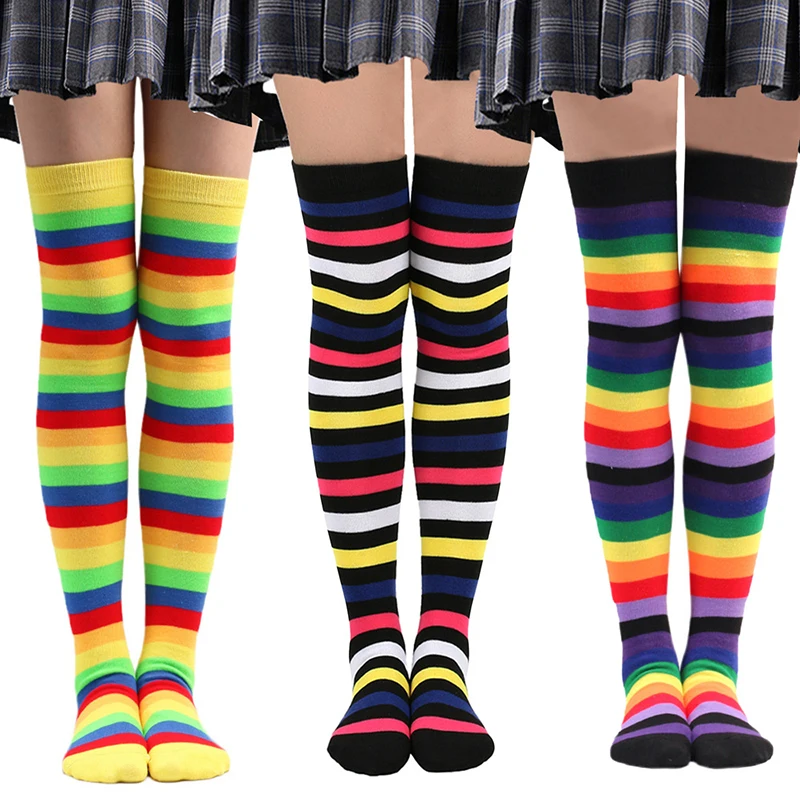 New Colorful Rainbow Stockings Striped Long Socks Knee Thigh High Socks School Girls Halloween JK Uniform Cosplay Accessories