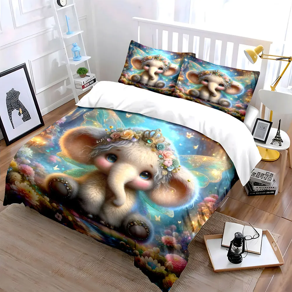 Adorable elephant in a fairy tale forest Printed Duvet Cover Set1 Duvet Cover+2 PillowcaseMulti Size Bedroom Bedding Decor