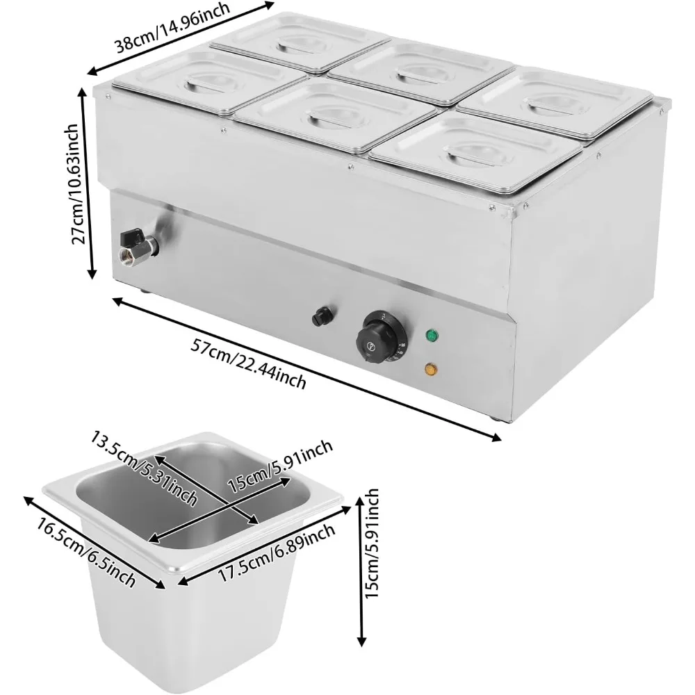 Profesjonalny podgrzewacz do żywności, blatowy bufet Bain Marie ze stali nierdzewnej z stołem parowym o mocy 1500W, 86-230 ℉   Zakres temperatur