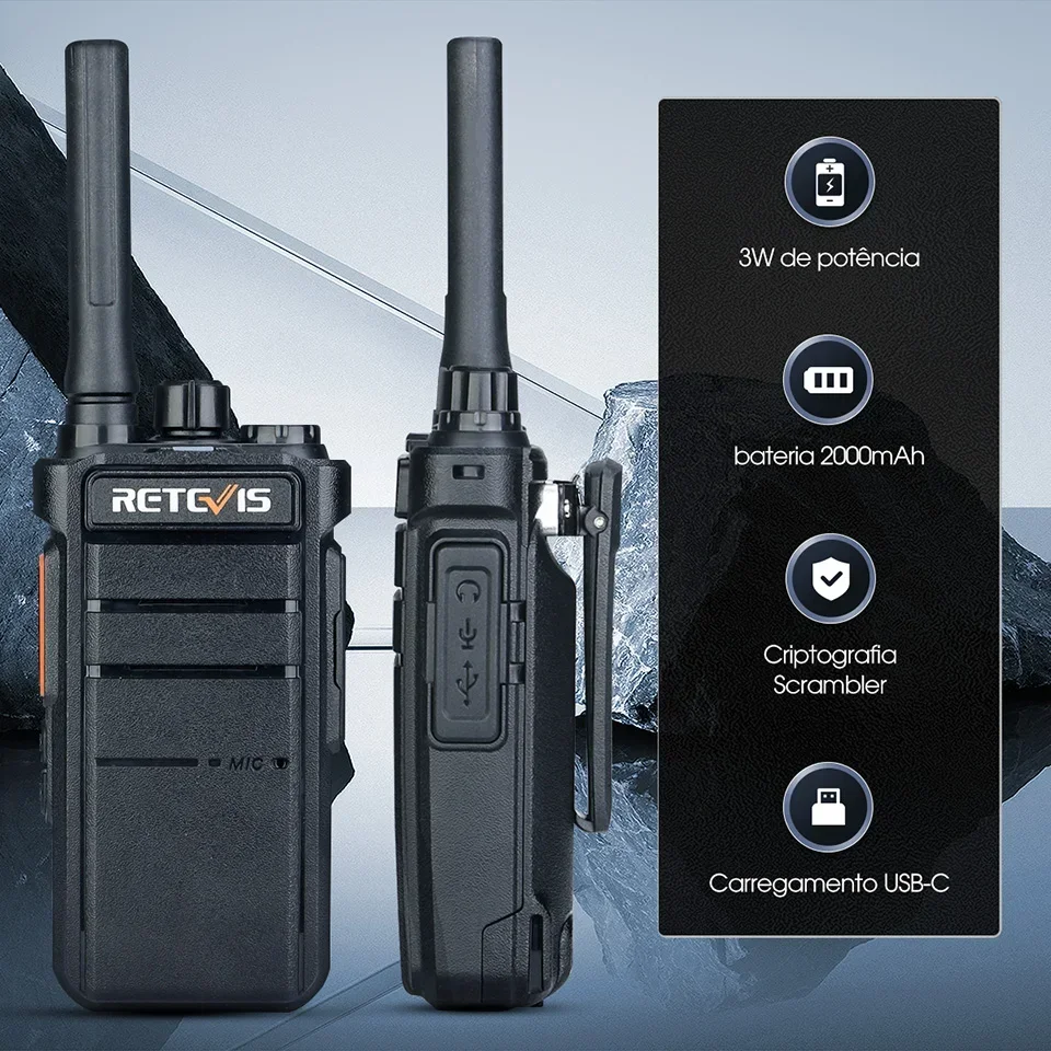 Retevis rb626 walkie talkie poderoso 3w de longo alcance usb c carregamento 2000mah bateria scrambler criptografia rádio em dois sentidos para caça