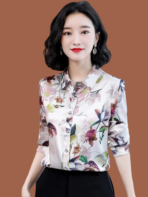 

High-End Silk irt Women's Long Sve Spring Autumn Ele Silk Top Discounted Premium Quali Polyester Fiber