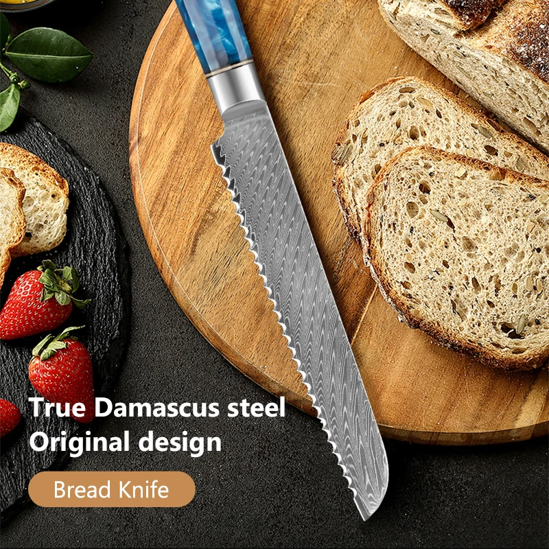 

8-inch Restaurants Bread Knife Damascus 67 layers Steel Chef Knife Super Sharp Frozen meat Sawtooth knife With Blue resin Handle