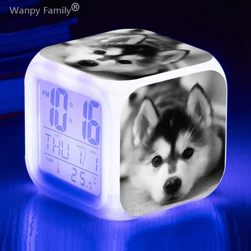 Very Cute Husky Alarm Clock 7Color Changing Wake Up Timer Student Bedroom Desk Clock Siberian Husky Doll Gift For Kids