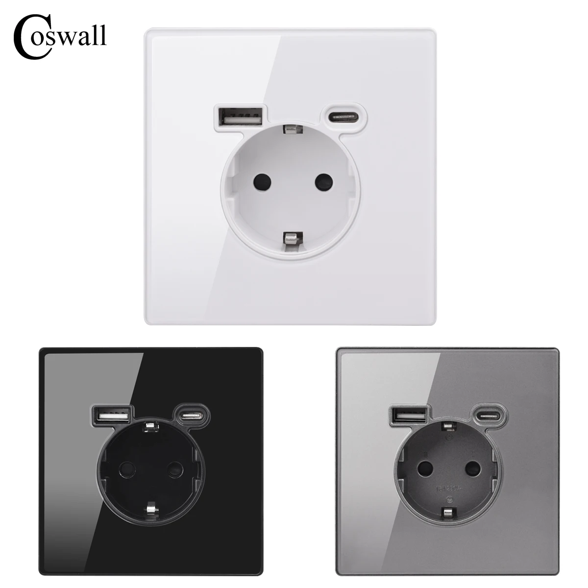 Coswall Glass Panel Full Screen Integrated EU Standard 16A Flame Retardant Wall Power Outlet With Type A-C 2usb Charging Port