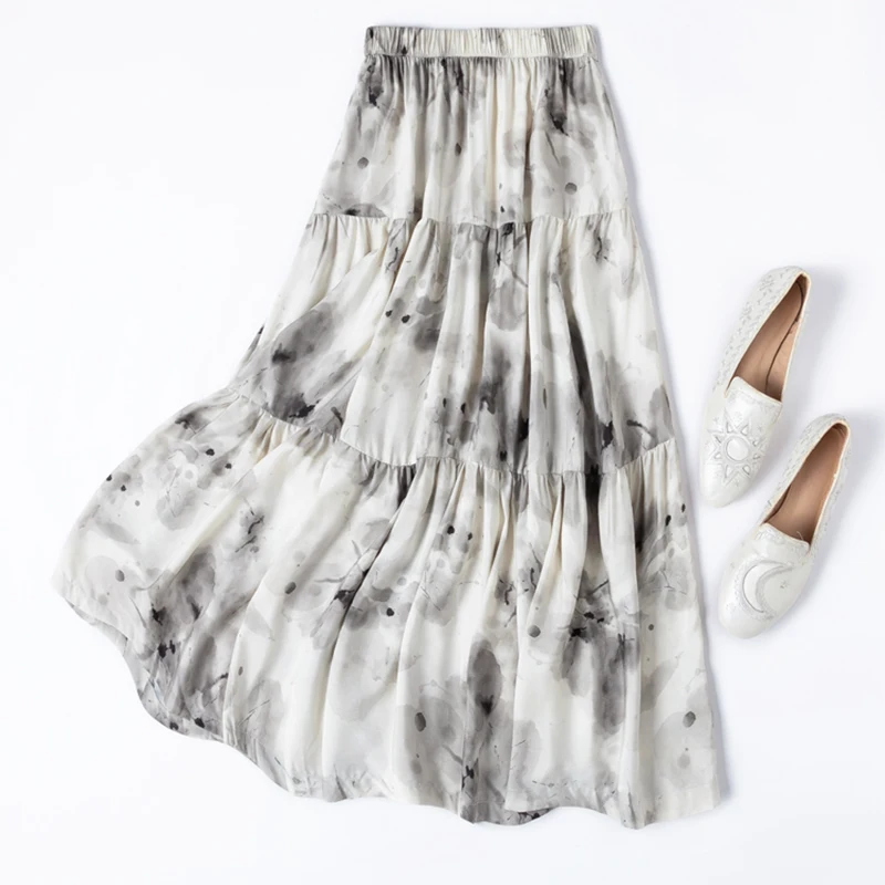 Rok Wanita Model A-Line dengan Potongan Lebar, Bahan 70% Sutra Mulberry dan 30% Katun, Cetak Tinta Putih Hitam, M1492
