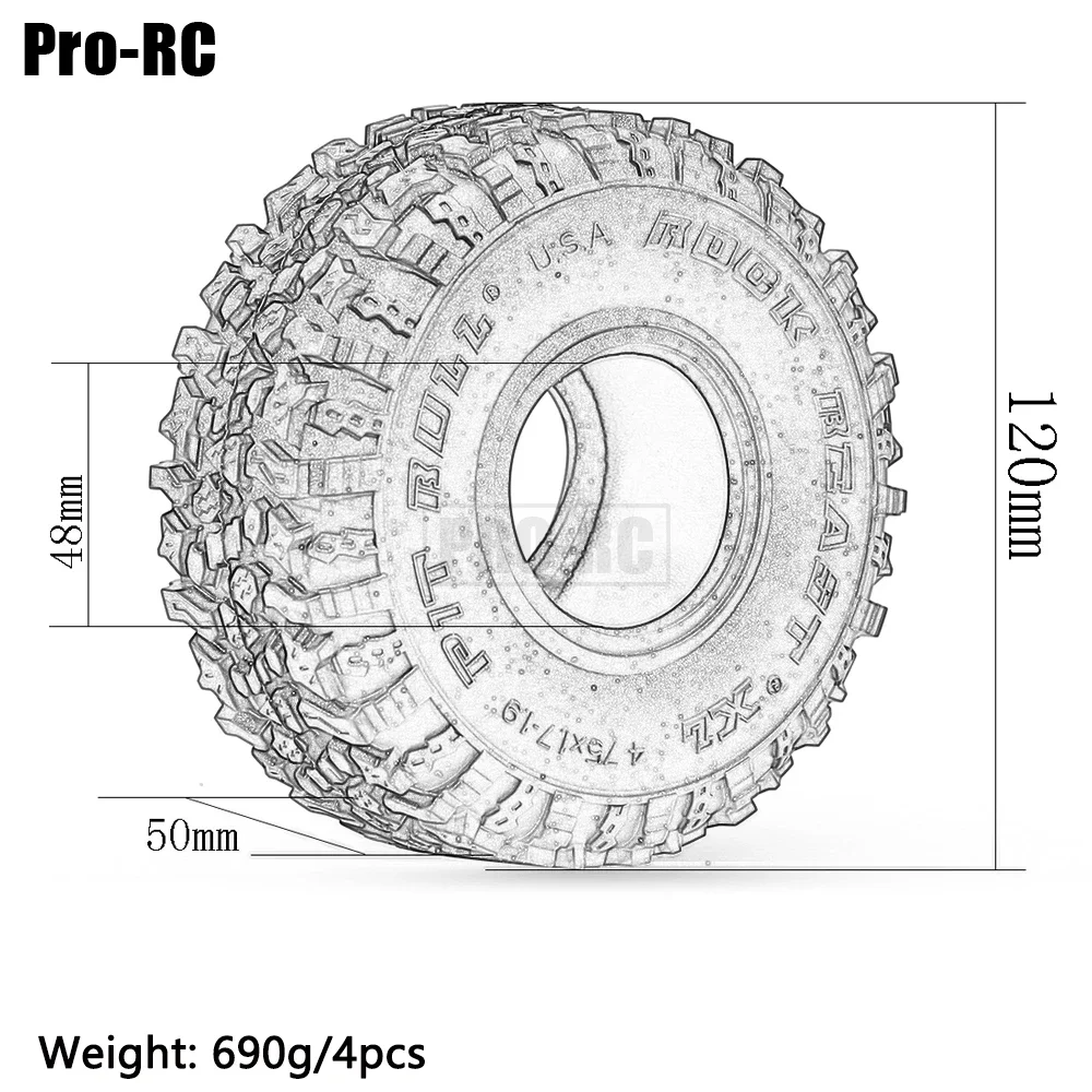 1.9inch 120mm Rubber Tyre Tires 4Pcs For 1/10 Axial SCX10 II III 90046 TF2 Tamiya CC01 D90 Traxxas TRX4 RC Crawler Car Part