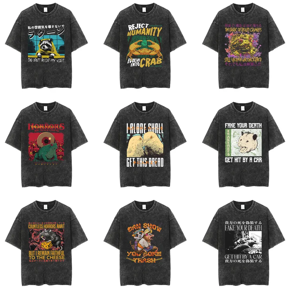 Divertido estilo japonés Capibara Caracol Paloma mapache Opossum rata cangrejo Rana Retro lavado camiseta hombres Casual Humor camiseta de gran tamaño