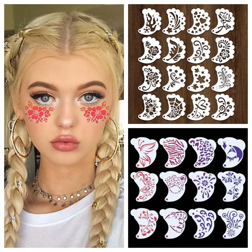 Reusable Face Paint Templates Multiple Pattern Hollowed Body Art Paint Stencils Hand Painting Flowers Leaves DIY Makeup Tools