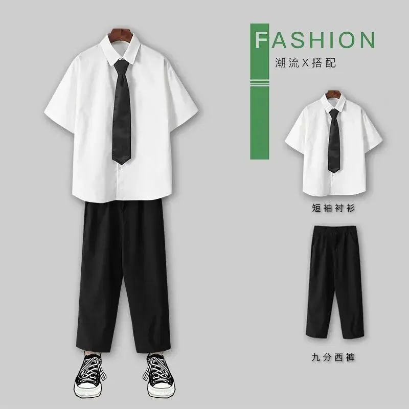 2 قطع DK موحدة الرجال قصيرة الأكمام قميص أبيض الكورية نمط العصرية مجموعة JK كلية نمط التخرج البدلة