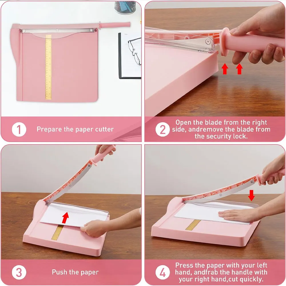 Paper cutter, paper cutter with safety guard, 12-inch cutting length, 16-sheet capacity paper cutter, guillotine paper cutter.