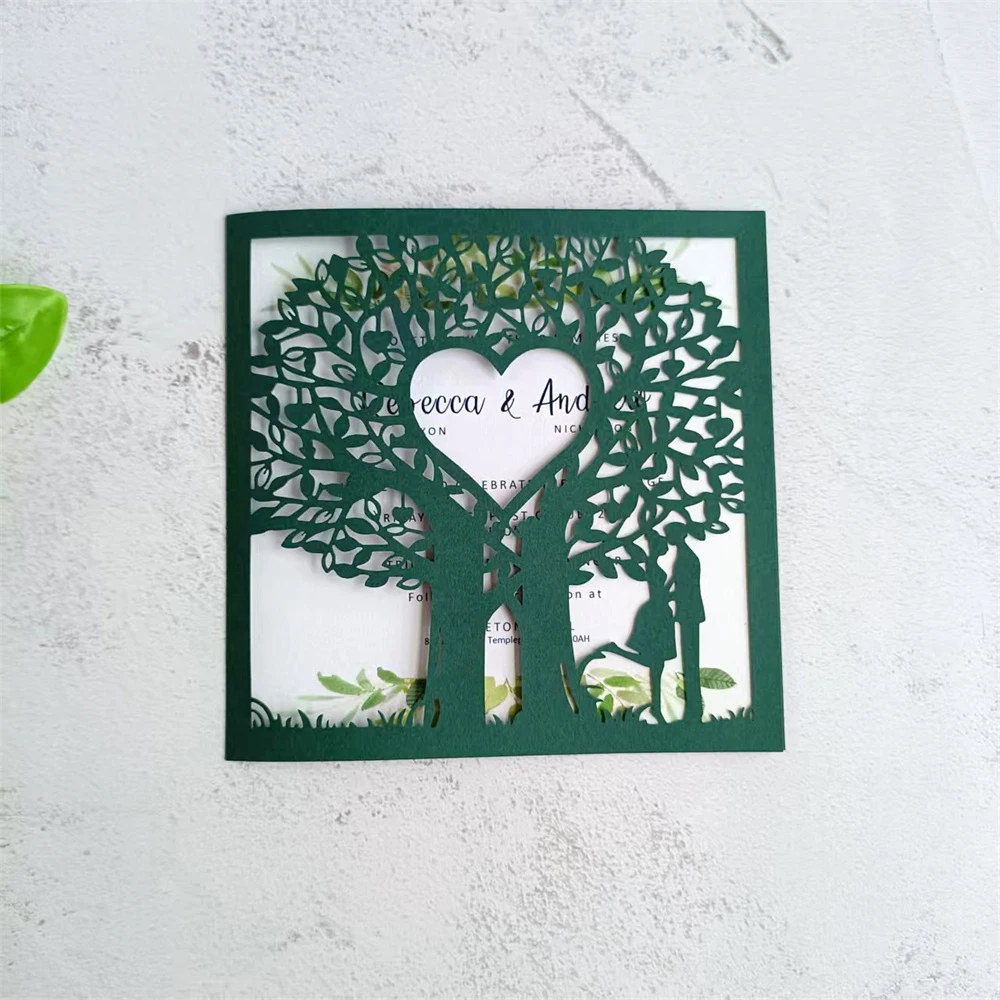 

Green Wedding Invitation Card, Tree heart Laser Cut Invitation, Customized Printing 50 Sets