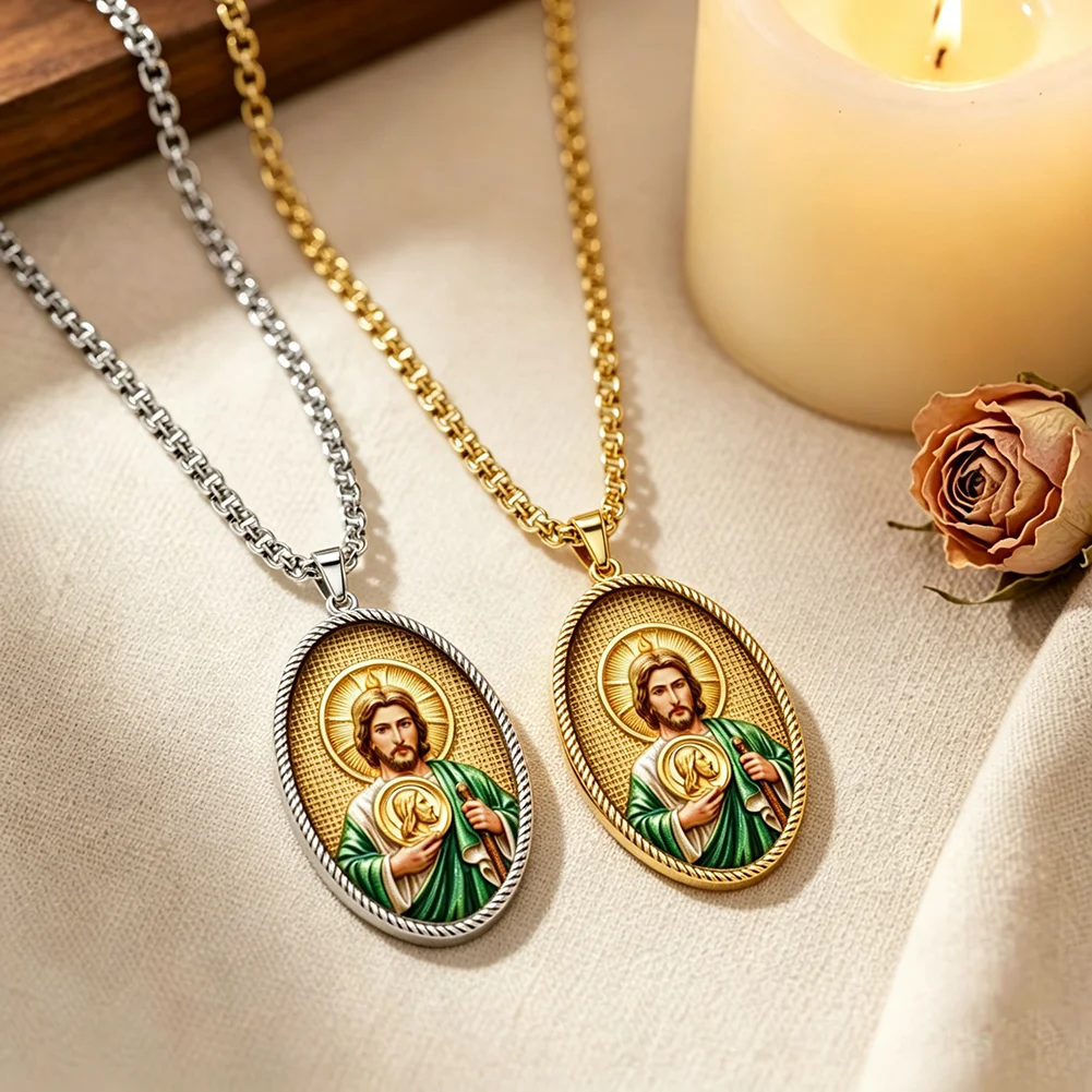 Saint Jude Thaddeus Oval Medal Pendant Necklace Color Picture Enamel Catholic Saint Faith Protection Amulet Religious Jewelry