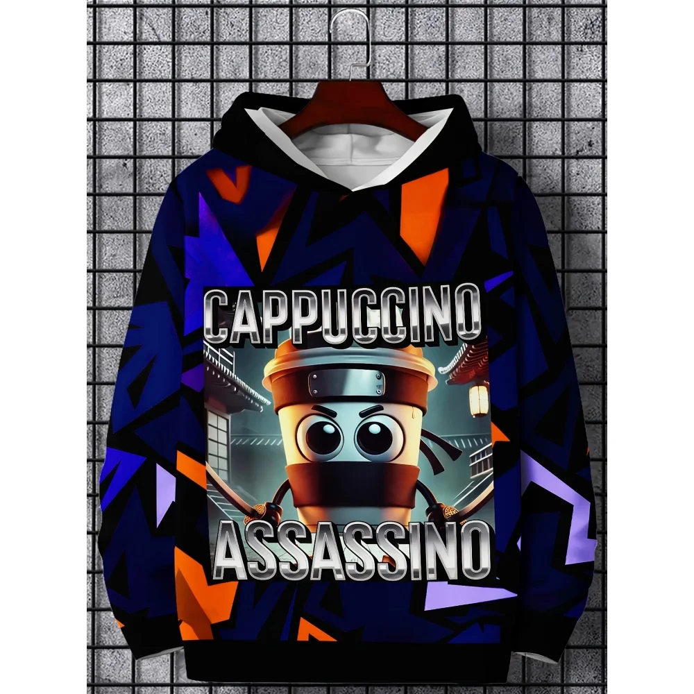 Boys' Italian Brainrot Fusion Hooded Sweatshirt Tops Funny Italian Coffee Shop Graphic Long Sleeve Pullover Children's Clothes