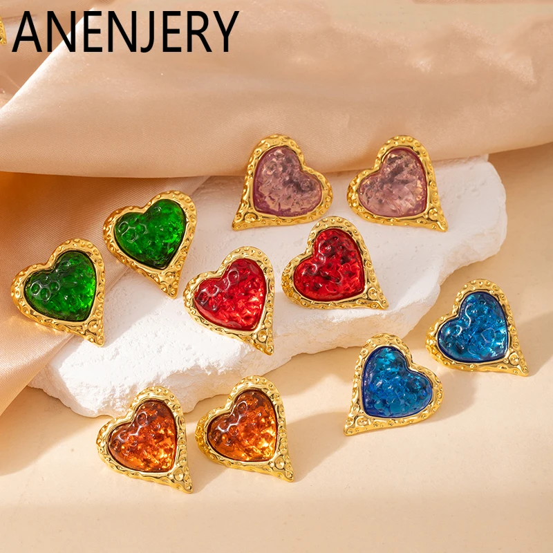 ANENJERY 316L Edelstahl Herz Bunte Stein Ohrringe Für Frauen Vintage Zarte Gericht Stil Französisch Schmuck Geschenk Großhandel