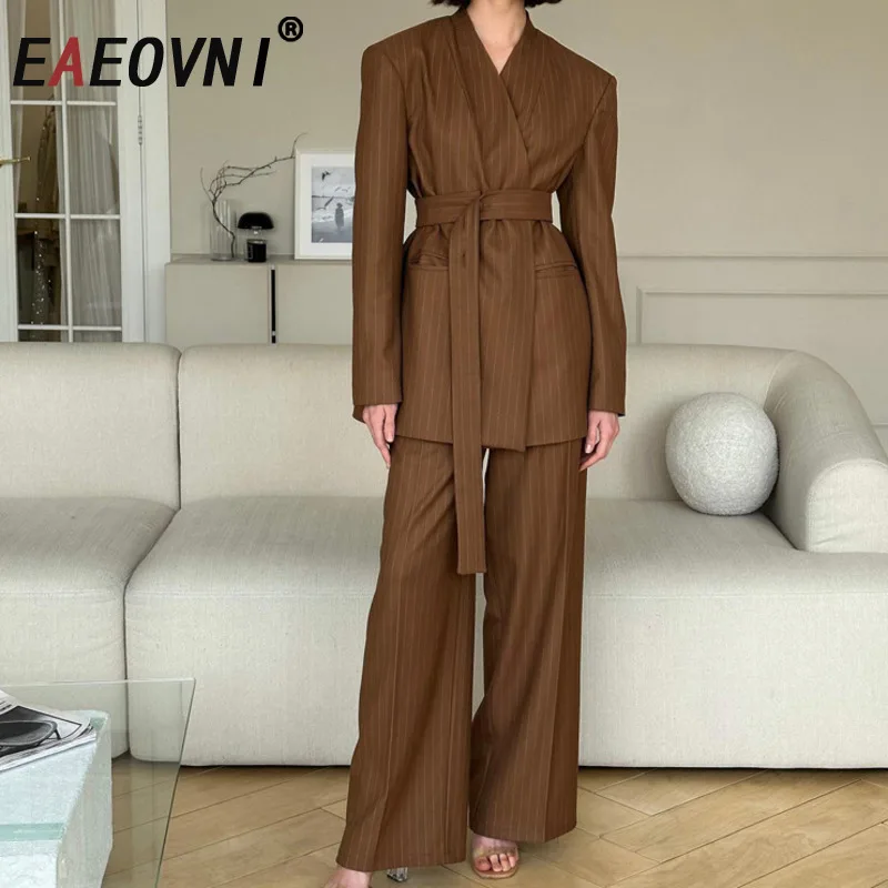 

EAEOVNI винтажный полосатый женский комплект с v-образным вырезом и поясом, куртка со сборкой на талии, длинные брюки, офисная женская мода 2024, новая одежда