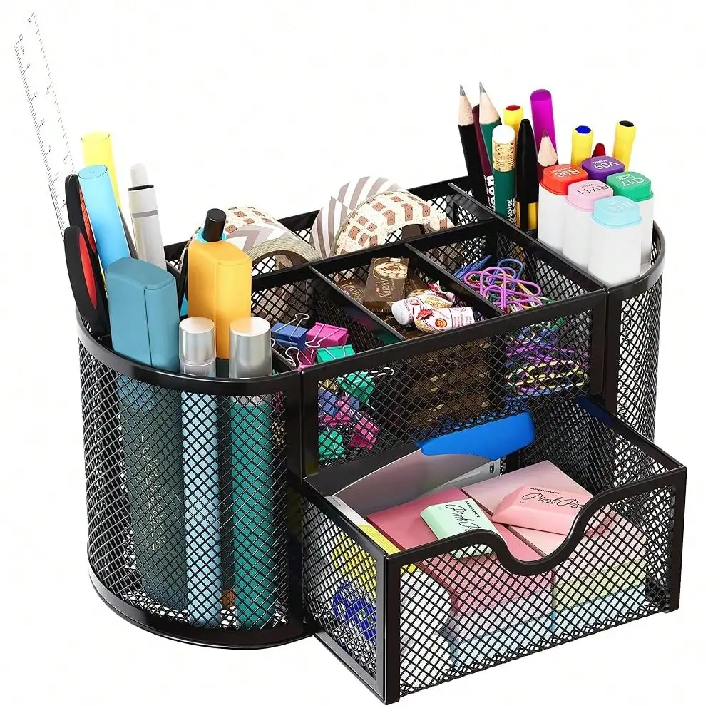 

EasyPAG Mesh Pen Holder Desk Organizer With Drawer Stationery Supplies Organizer For Dorm Schoolsss 9 Compartments Workspace Desk Accessories Organization For Office, Hot Pink