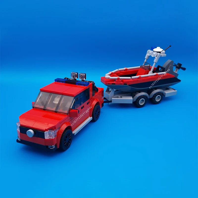 MOC Building Blocks Fire Pick-up with Boat Trailer Model Bricks Sets Assemble Display Children's Toys Gifts