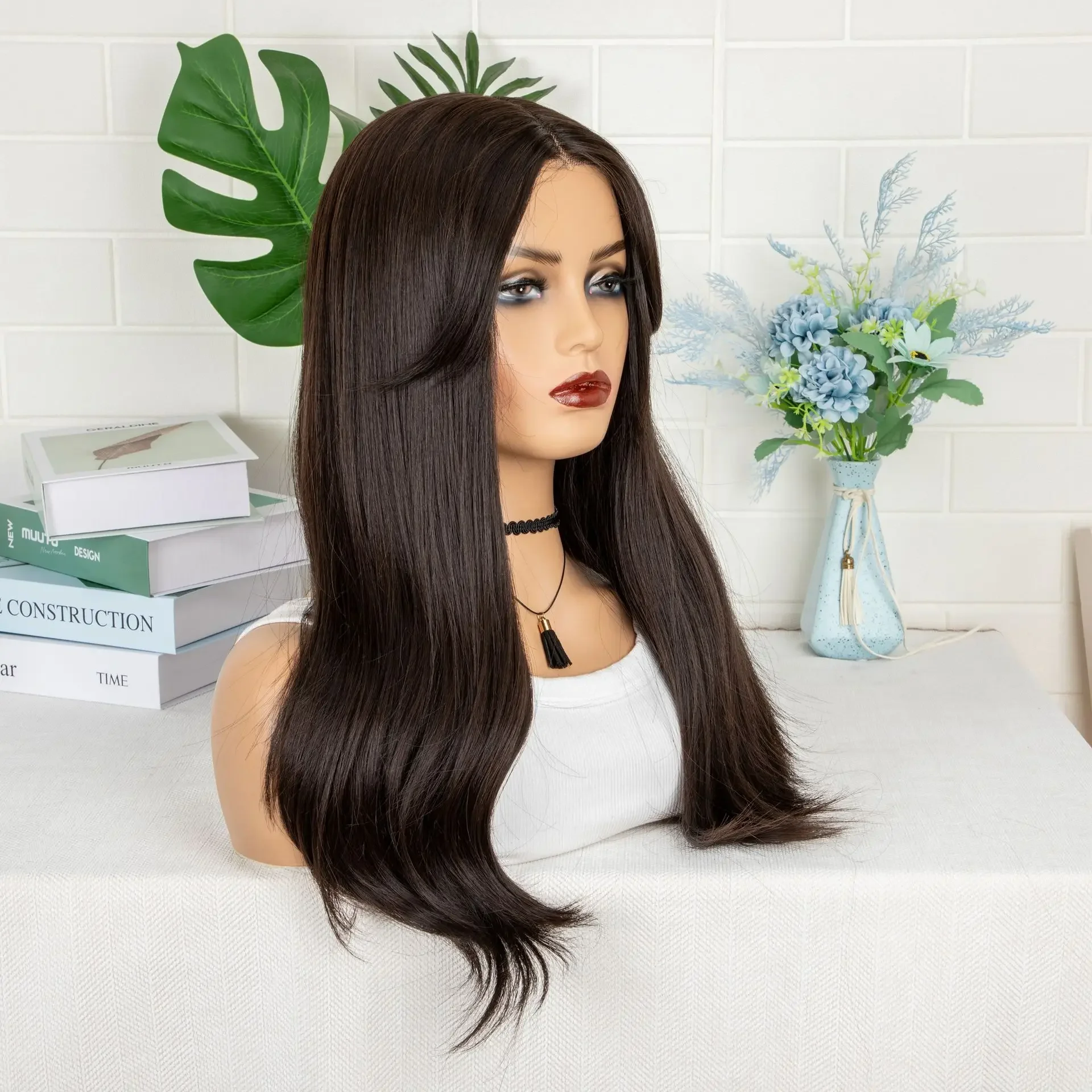 Wigs New wig,women's front lace chemical fiber headgear,natural eight-character bangs medium and long curly hair headband wig