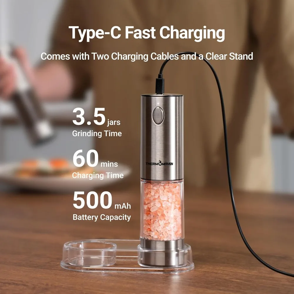 

Electric Salt and Pepper Grinder Set, with 6 Adjustable Coarseness, Electric Salt and Pepper Shakers, LED, 2 Packs, Silver