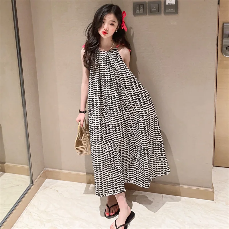 

Summer Baby and Girls Cotton All-Over Wave Pattern Printed Lace Up Suspender Long Dresses Kids Outfit Children Sweet Skirt 2-8Yr