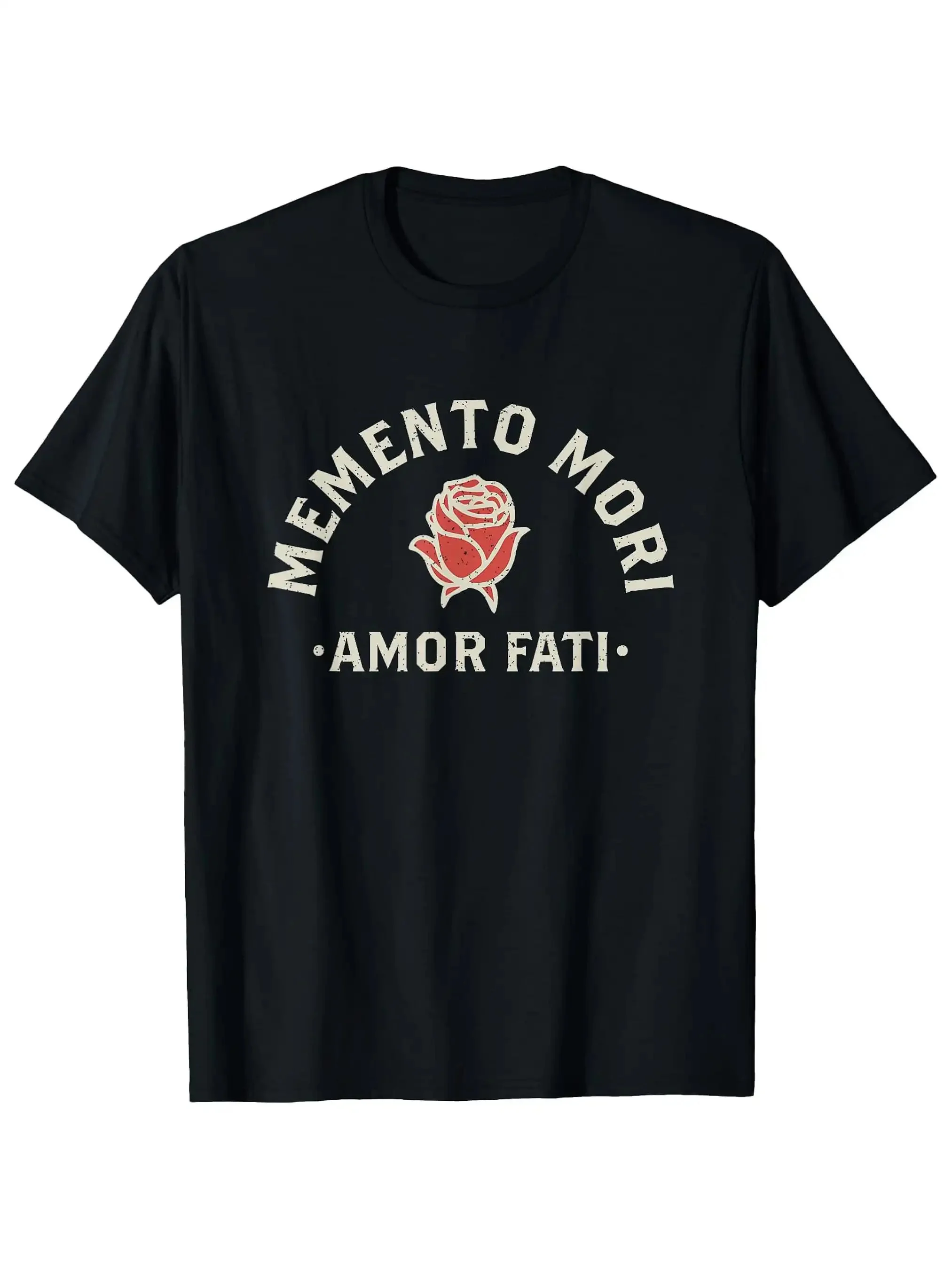 Men's Graphic T-shirt Featuring the Stoic Motto Memento Mori Amor Fati with Red Rose Design - Casual Crew Neck, Short Sleeves, Black, All-season Wear