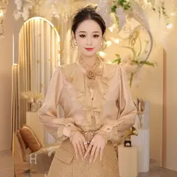 2025 New Long Sleeve Loose Satin Shirt Tops Age-Reducing Versatile Fashionable Chic and Beautiful Temperament Small Shirt