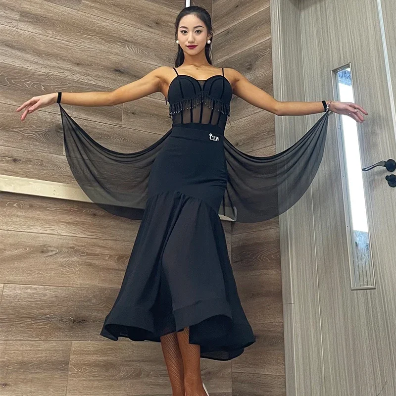 

New Ballroom Dance Competition Dress Women Sexy Black Mesh Tops Skirt Adult Waltz Modern Dance Costume Practice Clothes DNV18029