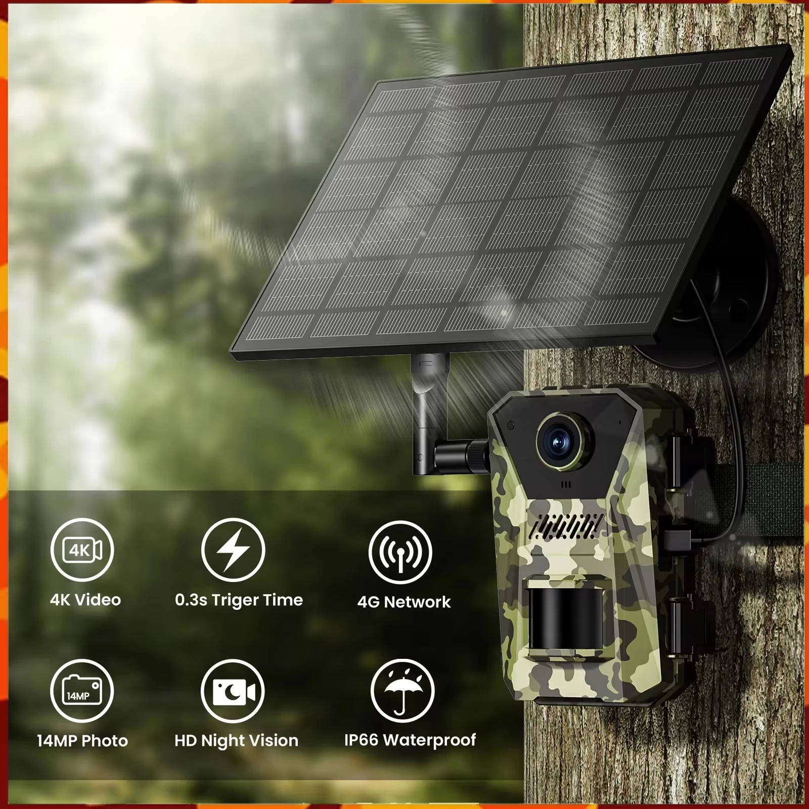 Outdoor 4G Solar Hunting Trail Camera 6000mAh Battery 14MP 5W Two-way Audio PIR Sensing Infrared Night Vision Motion Detection