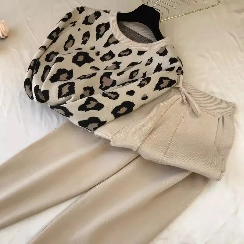 Leopard Knit 2 Pieces Sets Korean O-neck Knitwear Pullover Tops Conjuntos Women High Waist Ankle Length Jogger Pants Outfit New