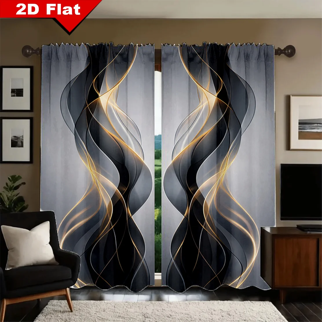 2 Panels Abstract Wave Curtains, Modern Metallic Line Print, Luxury Art Scenery Drapes for Living Room Bedroom Decor