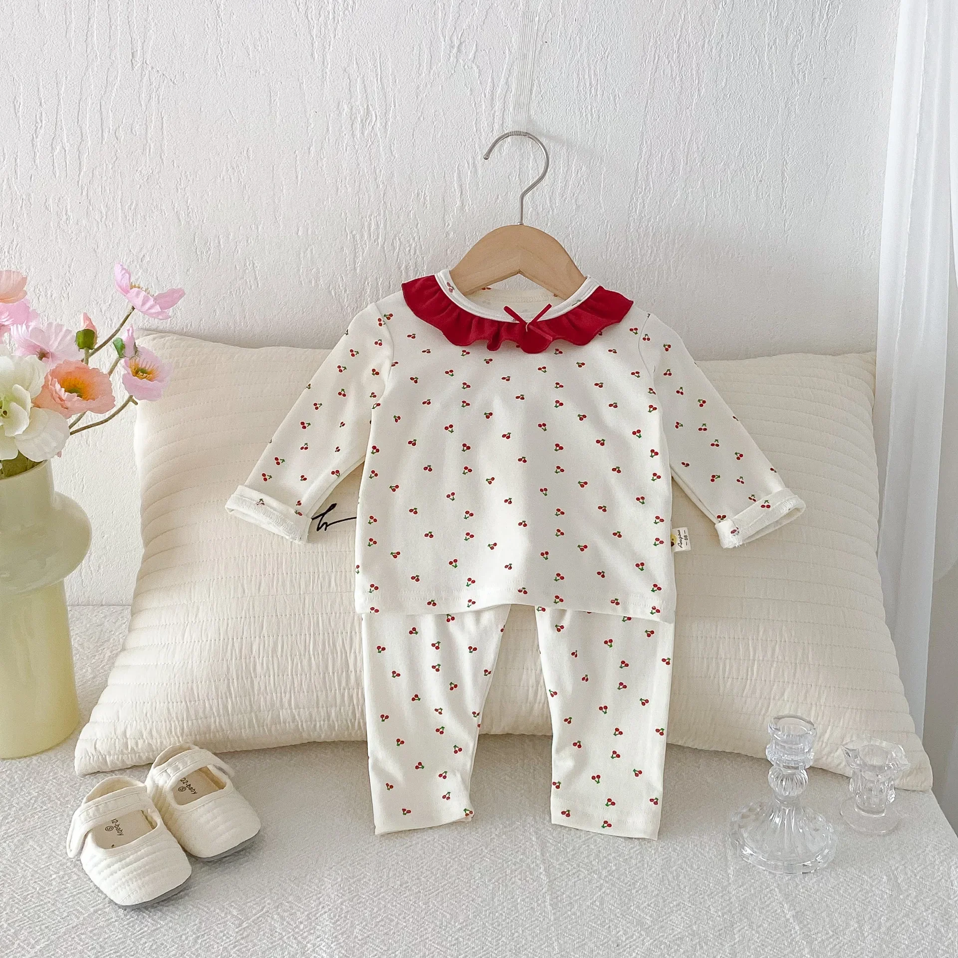 

Autumn Newborn Baby Girls Clothes Set 0 - 3Y Cute Cherry Print Ruffle Collar Homewear Toddler Base Layer Outfit