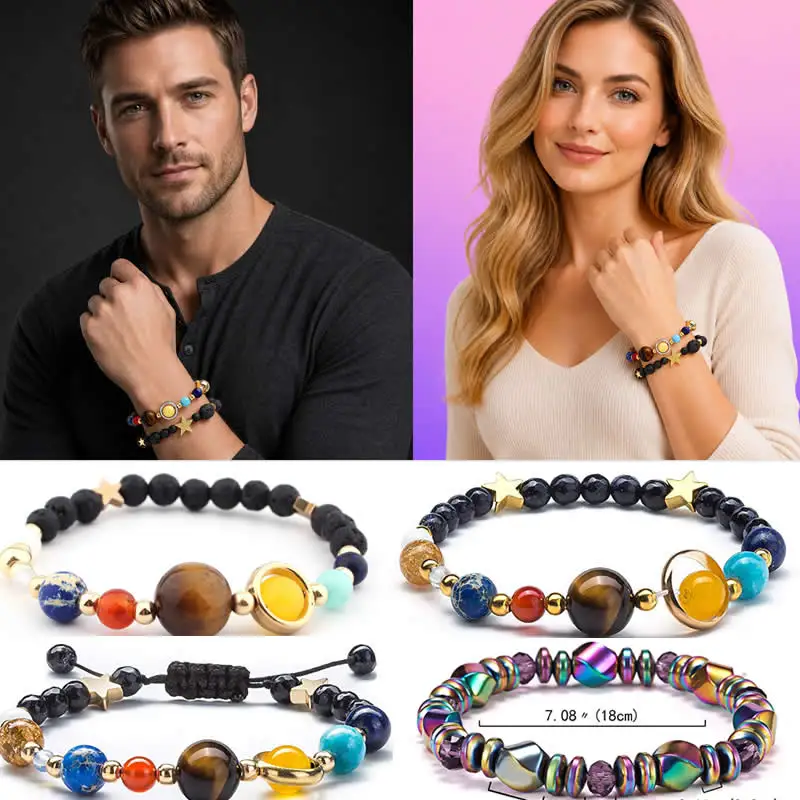 Solar System Planet Beads Bracelet Chakra Natural Stone Healing Lava Blue Sand Stone Unisex Boho Gift for Men Women