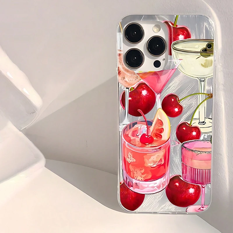 

Fruit Juice & Cherry Pattern Phone Case For iPhone 17 16 15 14 13 12 11 Pro Max XS XR X 7 8 Plus 16E 17E 17 Air Hard Back Cover